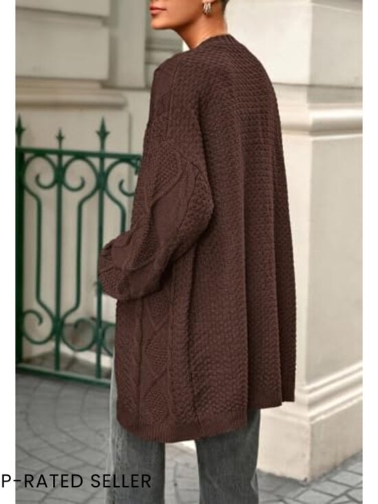 Oversized Cable Knit Cardigan Chunky Lantern Sleeve Open Front Sweater Cozy - Picture 5 of 7